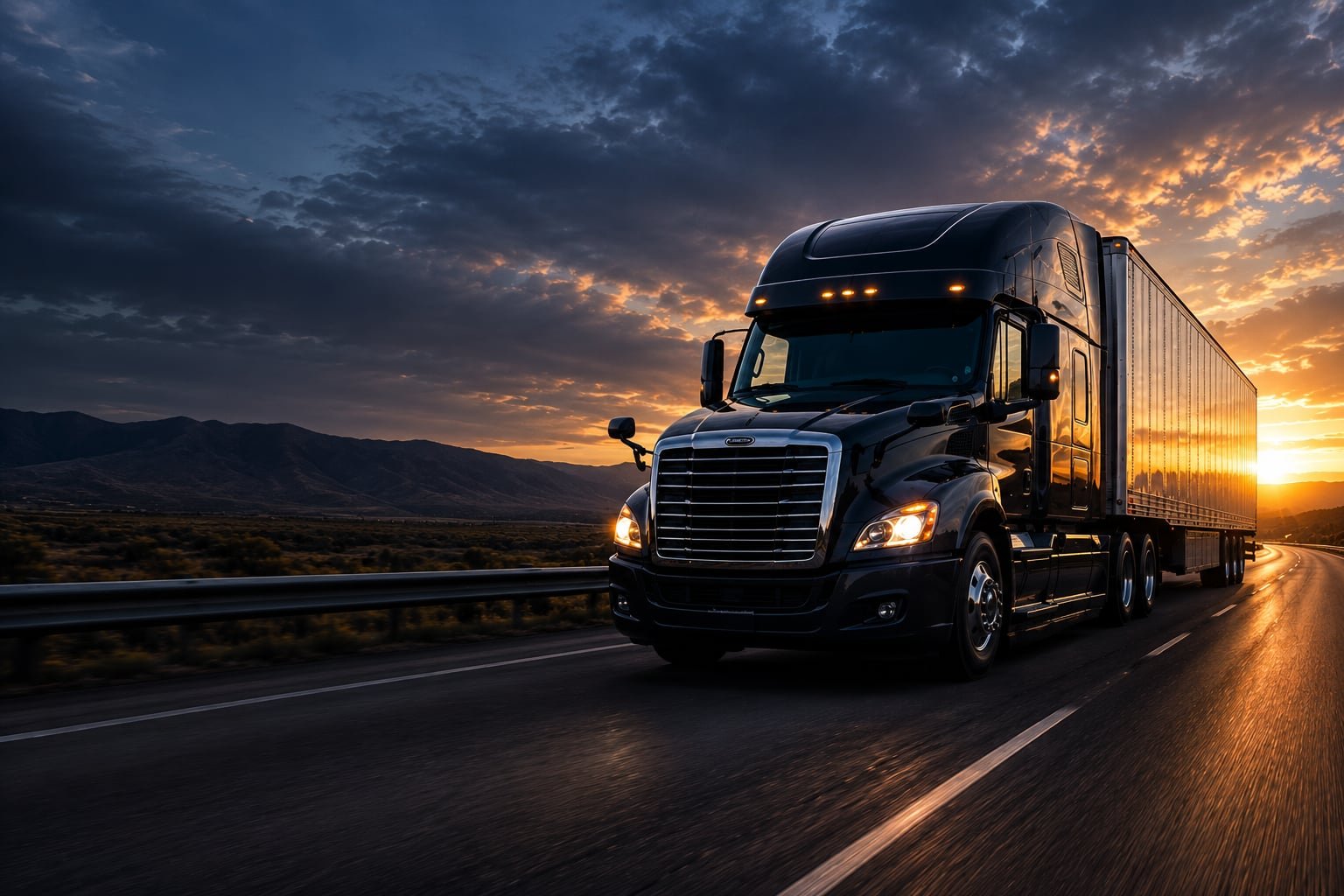 OTM black freightliner truck driving on highway at sunset